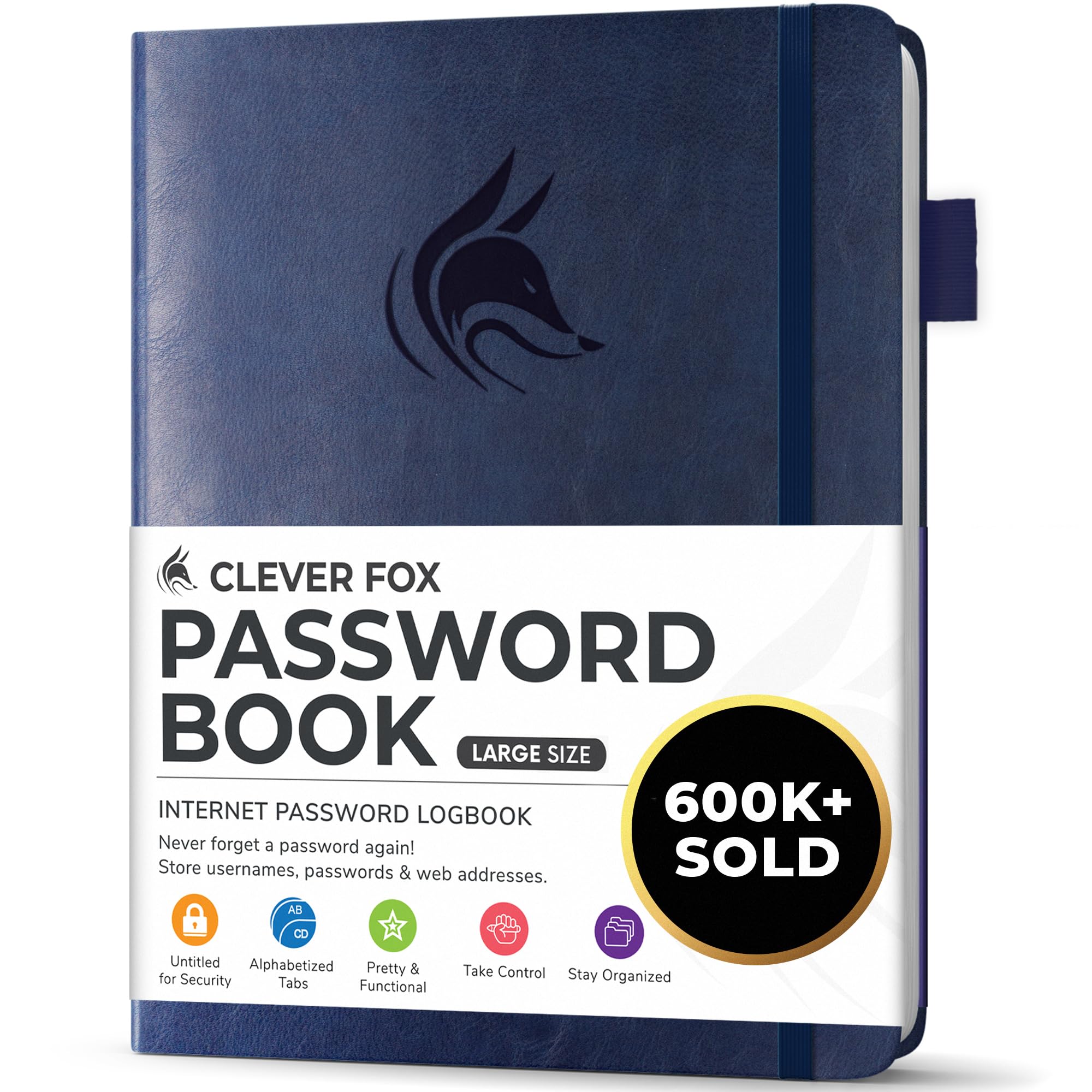 Clever Fox Password Book with alphabetical tabs. Internet Address Organizer Logbook. Large Password Keeper for Website Logins (Dark Blue)