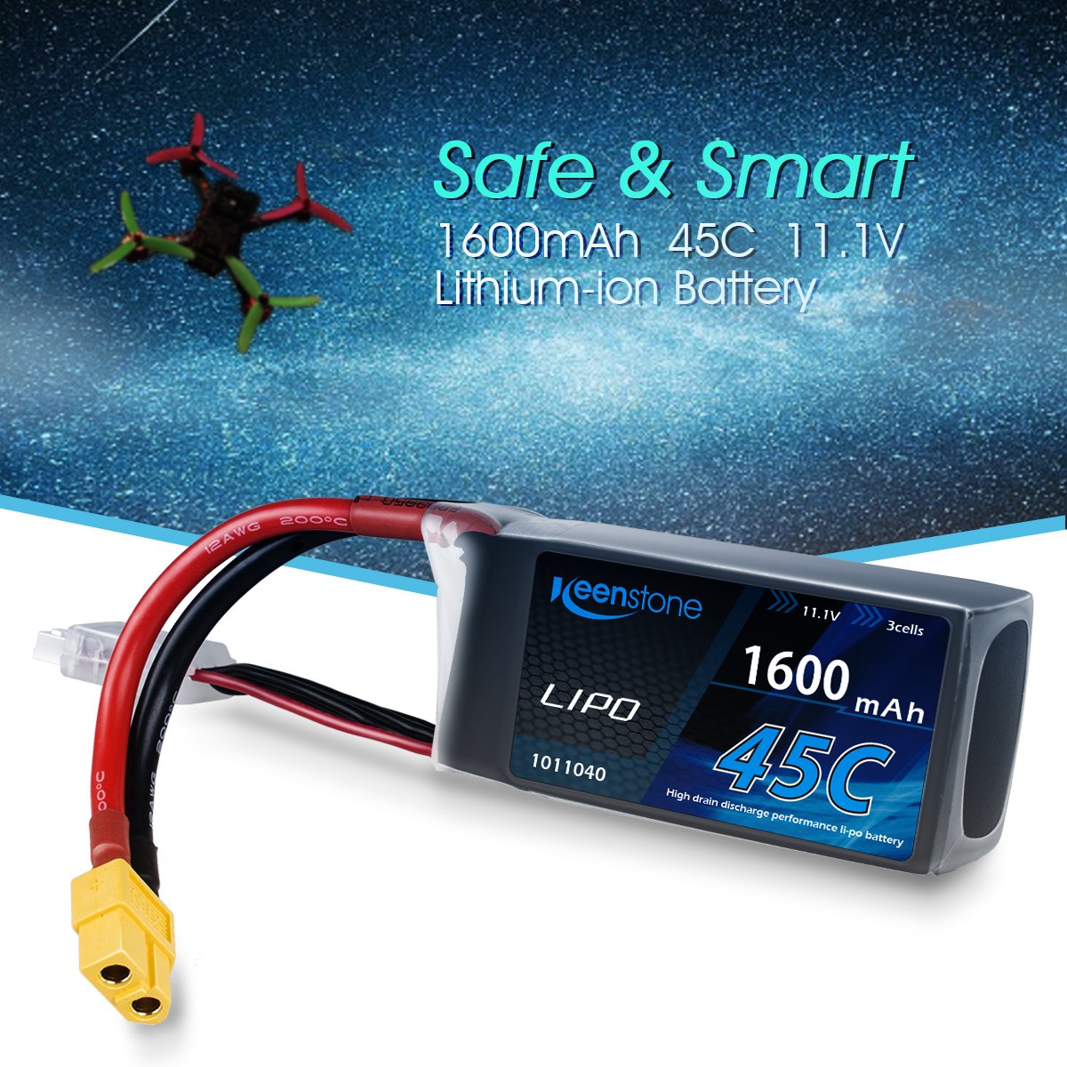 Keenstone 3S LiPo Battery 45C 1600mAh 11.1V w/ XT60 Plug Voltage Meter & Battery Power Indicator for RC Boat Heli Airplane UAV Drone FPV