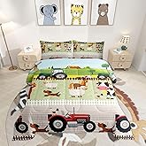 Tractor Bedding Sets for Boys Full Size Toddler Kids Cute Cartoon Farm Animals Comforter Set Girls Children Farmhouse Country Down Comforter for All Season Colorful Room Decor Nature Theme Duvet Set