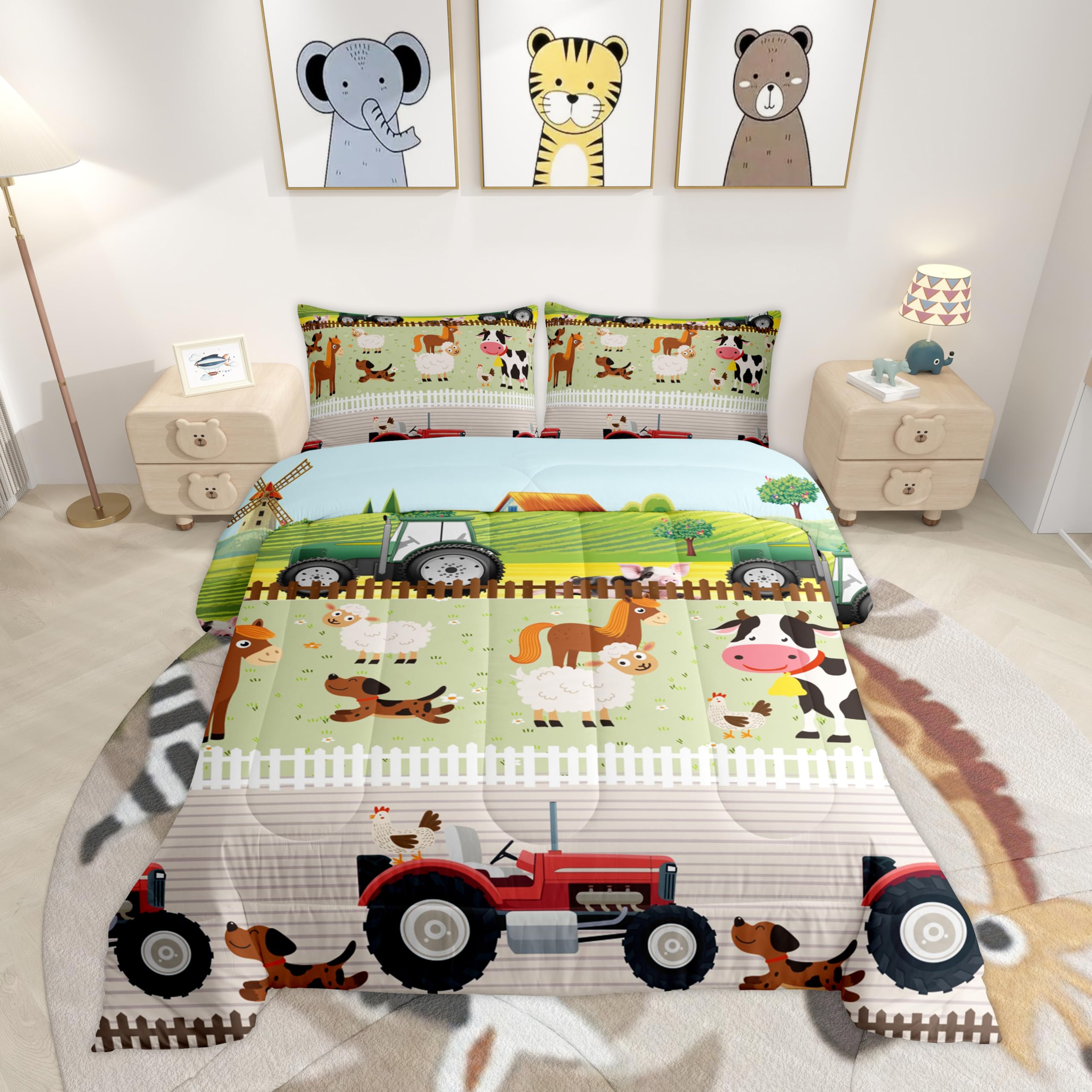 Tractor Bedding Sets for Boys Single Size Toddler Kids Cute Cartoon Farm Animals Girls Farmhouse Country for All Season Colorful Nature Duvet Insert