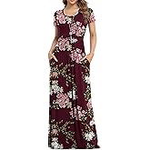 VIISHOW Women's Short Sleeve Floral Printed Dress Loose Plain Maxi Dresses Casual Long Dresses with Pockets(Floral Wine red S)