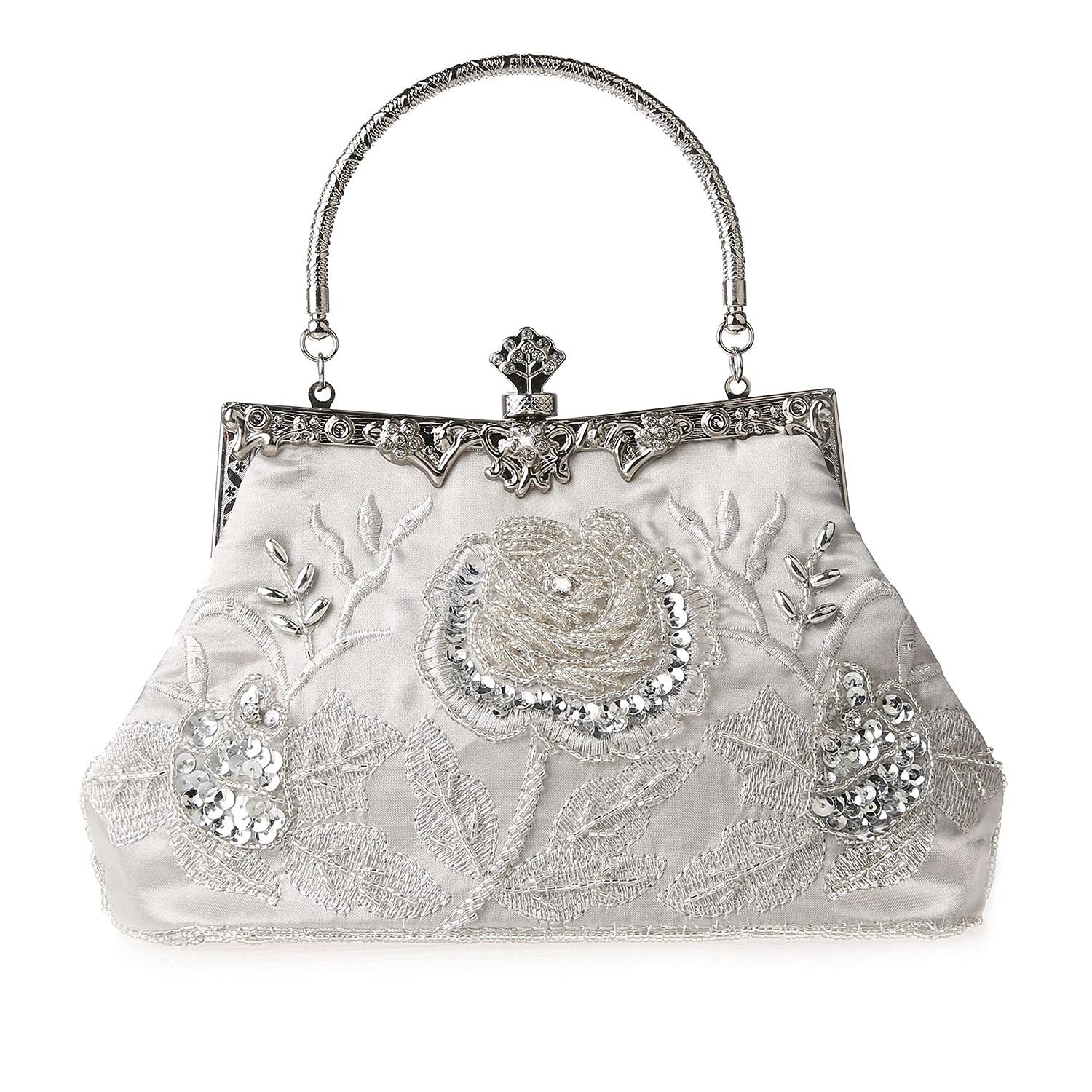 MMYOMI Vintage Floral Beaded Rhinestone Embroidery Clutch Sequin Wedding Party Prom Bag Bridal Ladies Crossbody Evening Handbag (Silver)