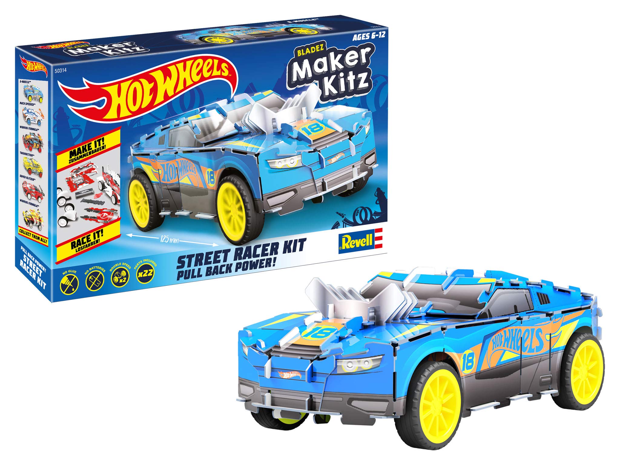 Revell 50314 D-Muscle, Toy Car 1:32 with Jumping Jump, Hot Wheels Maker, Assemble and Drive, with Pull Back Motor, Blue