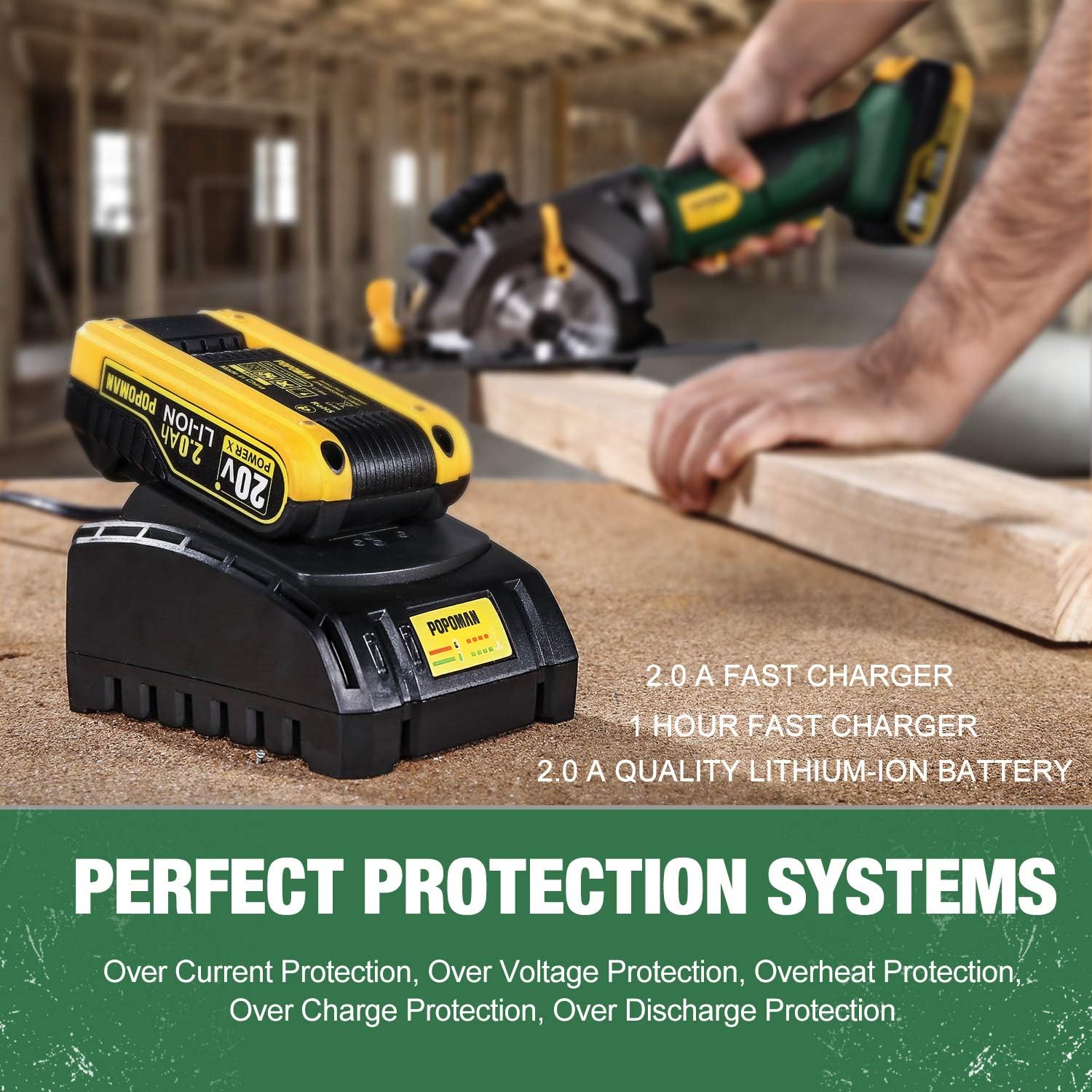 POPOMAN Cordless Circular Saw, 4-1/2" Saw with Laser Guide, 20V 2.0Ah Battery, 1H Charger, 9.5" Base Plate, Max Cutting Depth 1-11/16'' (90°), 1-1/8'' (45°), Wood, Plastic and Metal Cuts - MTW80B - - 