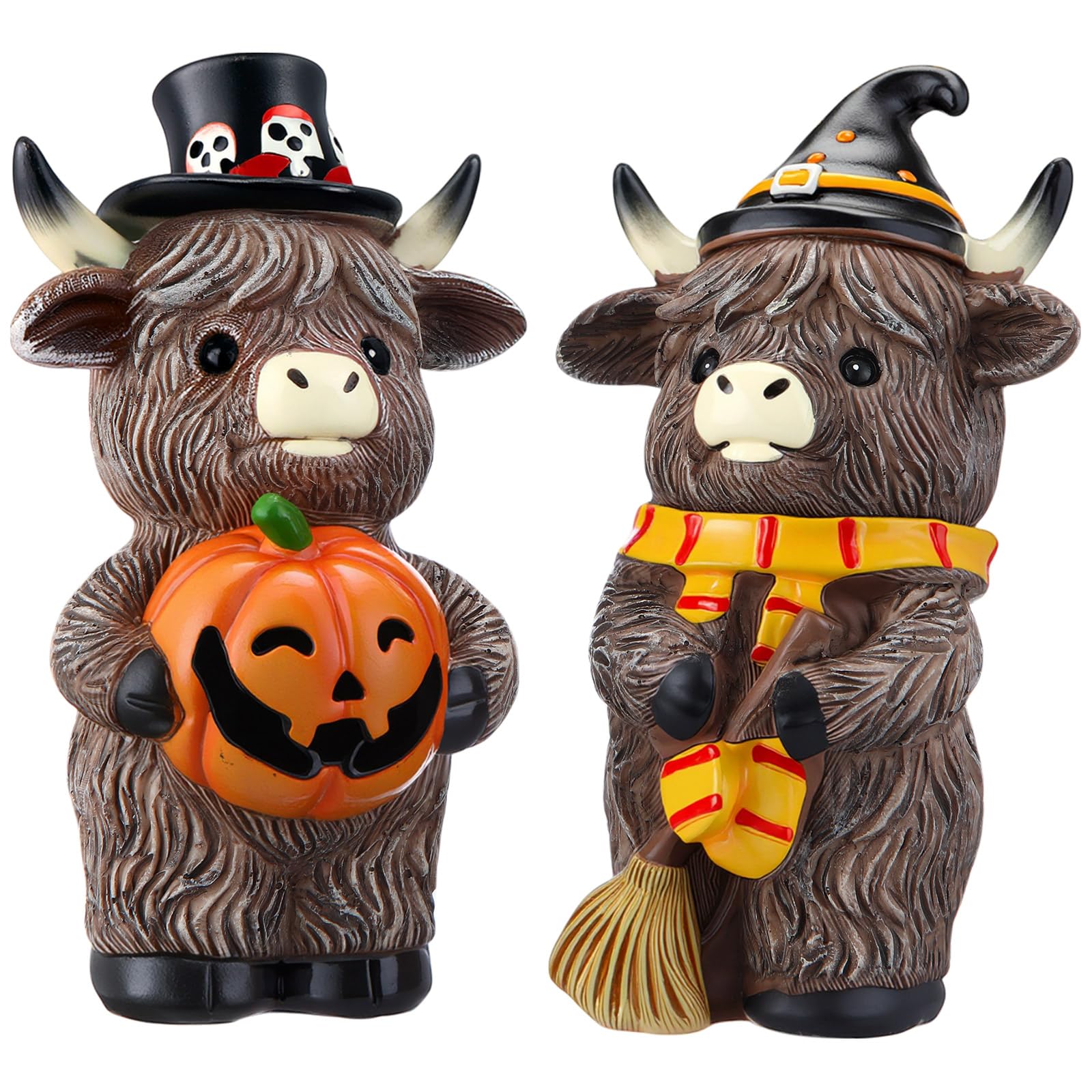 Photo 1 of Vinsot 2 Pcs Halloween Highland Cow Figurine Rustic Highland Cow Gnomes Resin Figurine Brown Cattle Statue Gifts for Halloween Eve Farmhouse Office Home Table Shelf Desk Tiered Trays Calf Decor
