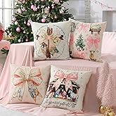 Colingmill Coquette Christmas Pillow Covers 18x18 Inch Set of 4 Preppy Pink Bow Jesus Christmas Nativity Scene Decorative Pillowcase Girly Winter Holiday Home Decor for Sofa Couch Bedroom