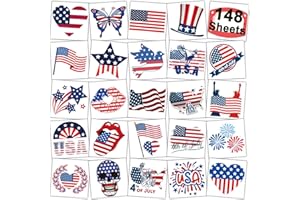 CHARLENT 4th of July Temporary Tattoos - 148 Individually Sheets American Flag Tattoos for Kids Women Men Independence Day Party Decorations and USA Party Favors