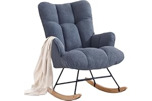 Zedachica Rocking Chair Nursery Teddy Upholstered Glider Rocker Rocking Accent Chair Padded Seat with High Backrest Armchair Comfy Side Chair for Living Room Bedroom Offices (Dark Blue Teddy)