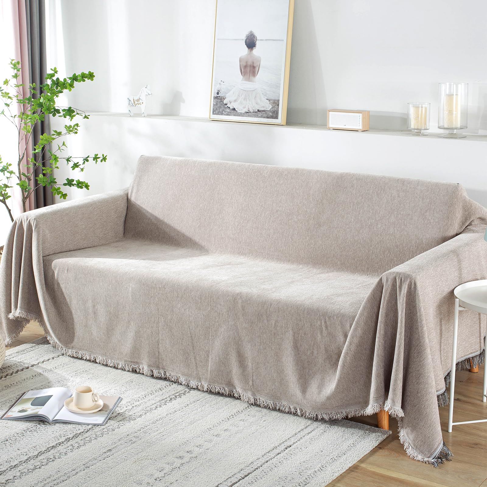 Photo 1 of 91"x118" Chenille Sofa Cover Extra Wide Water Resistant Couch Covers for 2-3 Cushion L Shape Sectional Sofa Covers Washable Couch Blanket Cover Furniture Protector for Dogs Pets (Khaki, 91"x118")