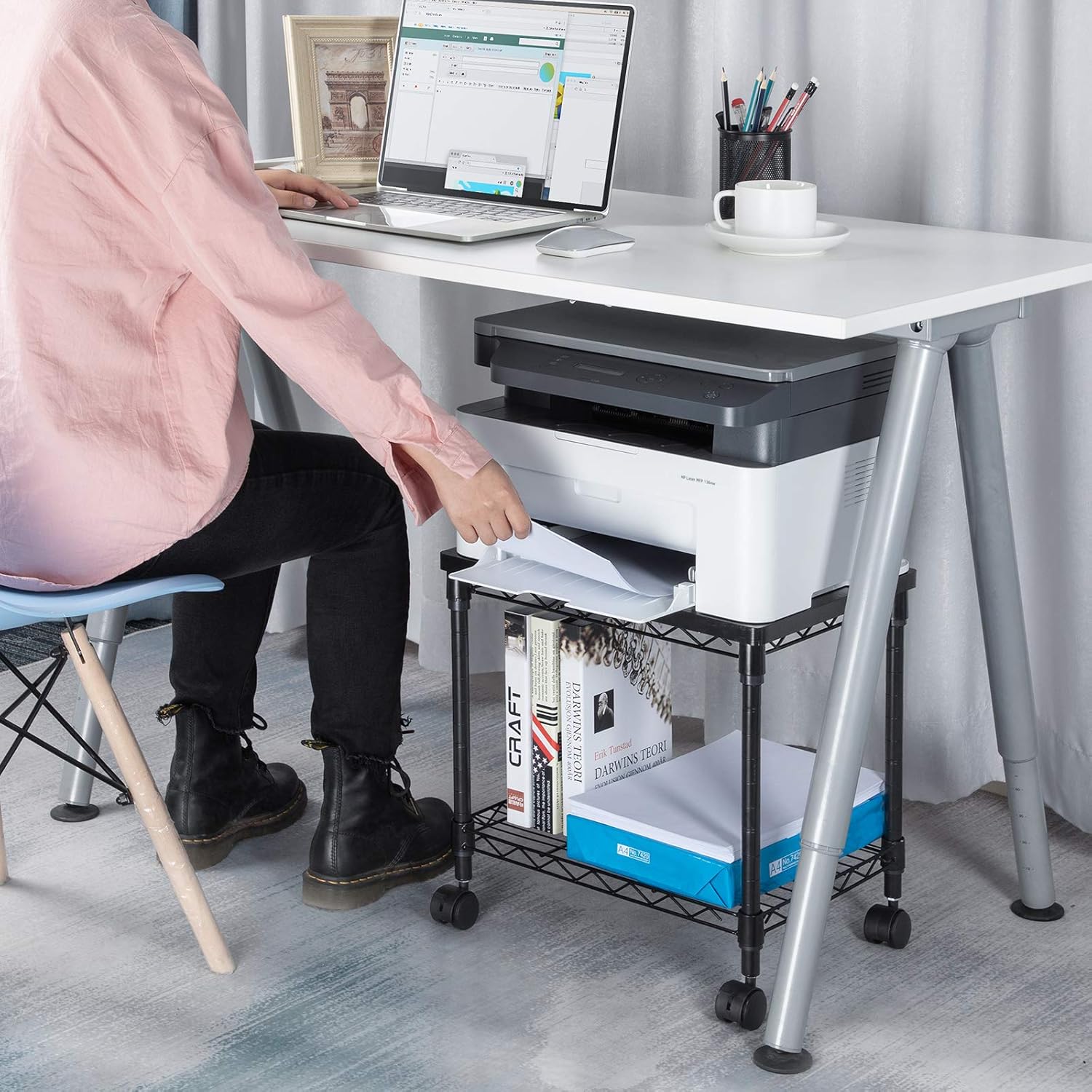 HUANUO Under Desk Printer Stand - 2 Tier Printer Cart for Storage, Mobile Printer Riser with Swivel Wheels, Holds up to 100 lbs, Perfect Desk Organizer Shelf for Home & Office: Electronics