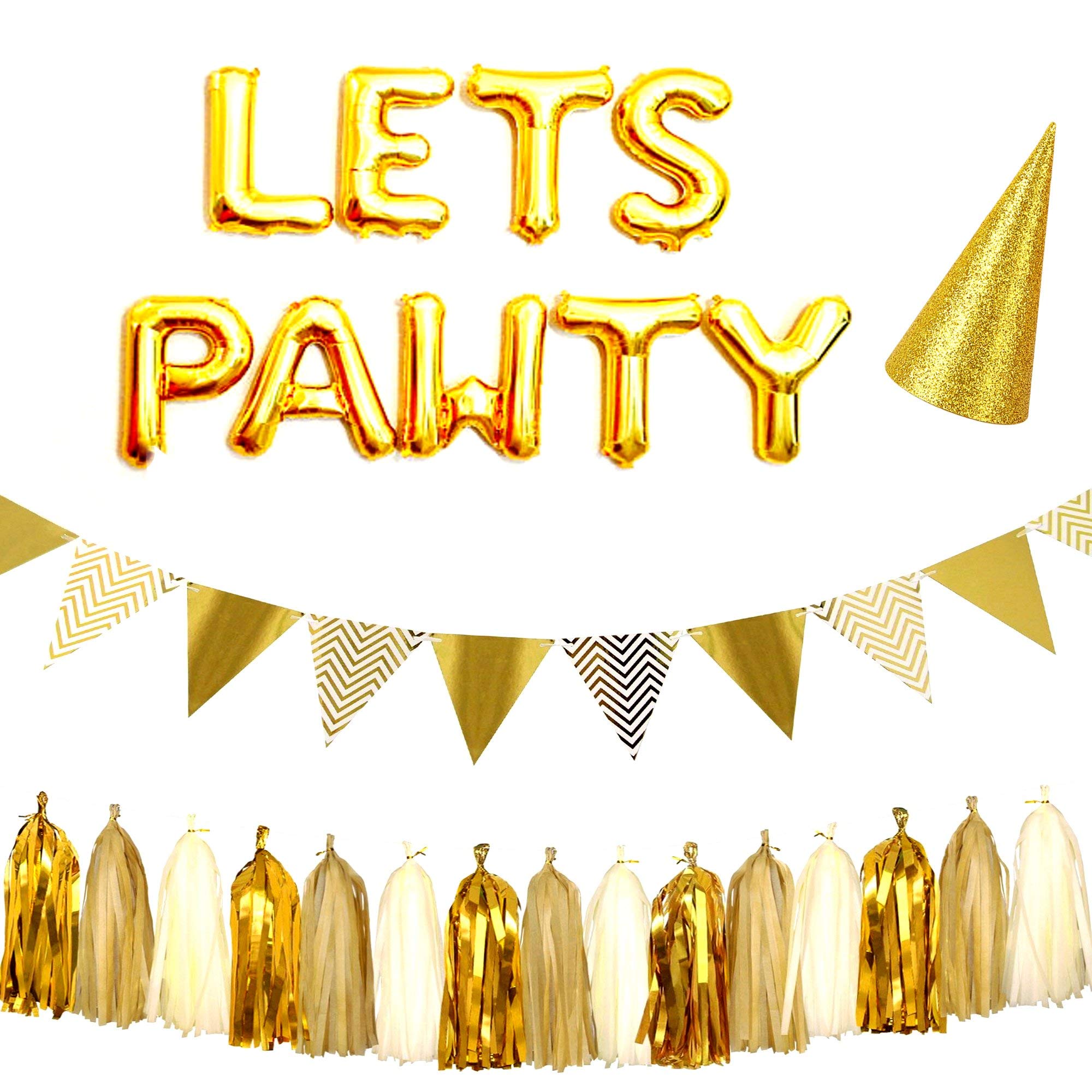 Ollypet Dog Birthday Decorations Set Puppy Birthday Hat Let\'s Pawty Balloons Tassels Banner Garland Party Kit for Pets