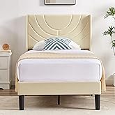 VECELO Twin Size Upholstered Platform Bed Frame with Fabric Headboard,Wooden Slats Support/No Box Spring Needed/Mattress Foundation,Beige