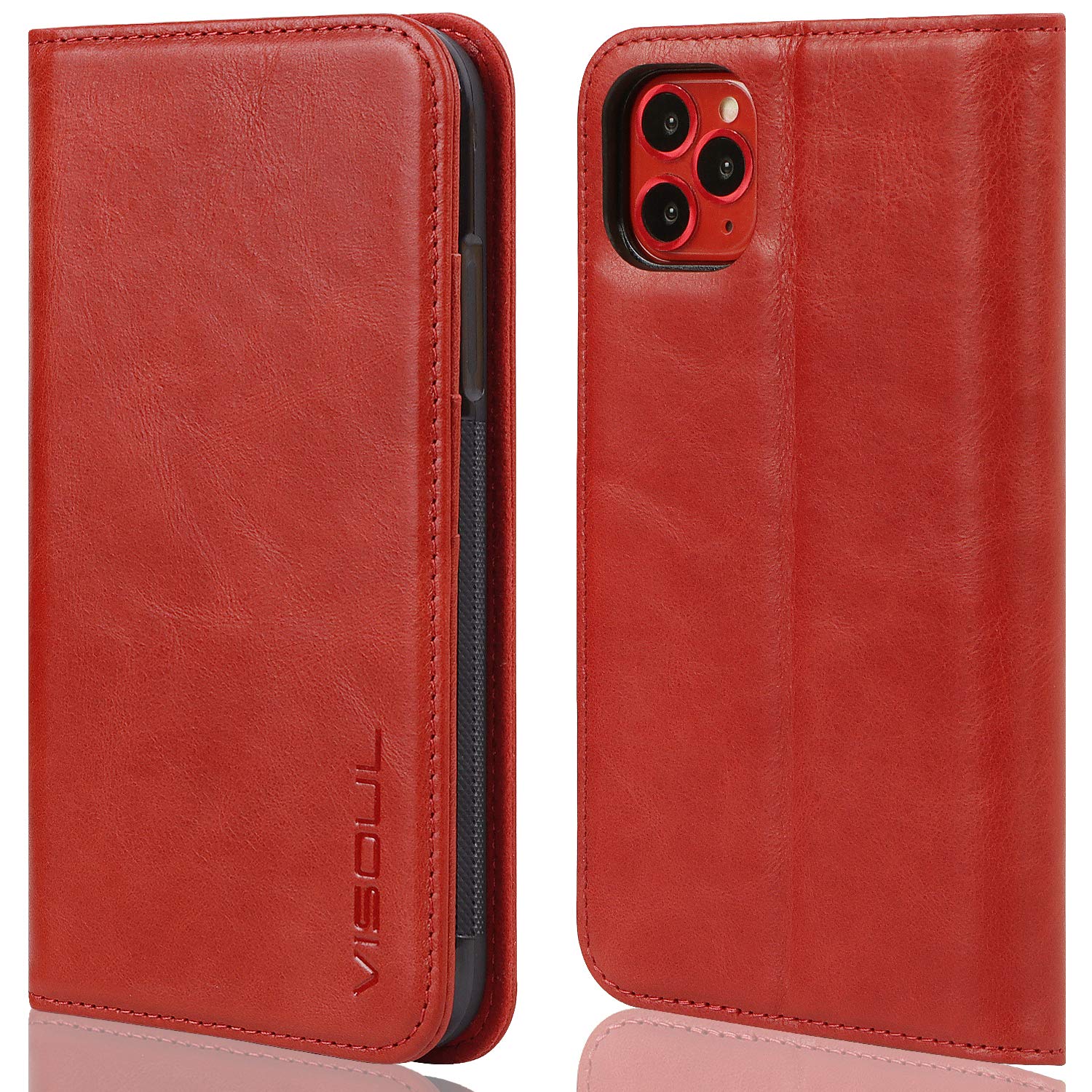 VISOUL Phone Case for Apple iPhone 11 Pro Max Wallet Case Kickstand Magnetic Close RFID Blocking Cash and Card Slots Genuine Leather Flip Cover with TPU +PC Inner Shell (6.5 Inches, 2019) Red