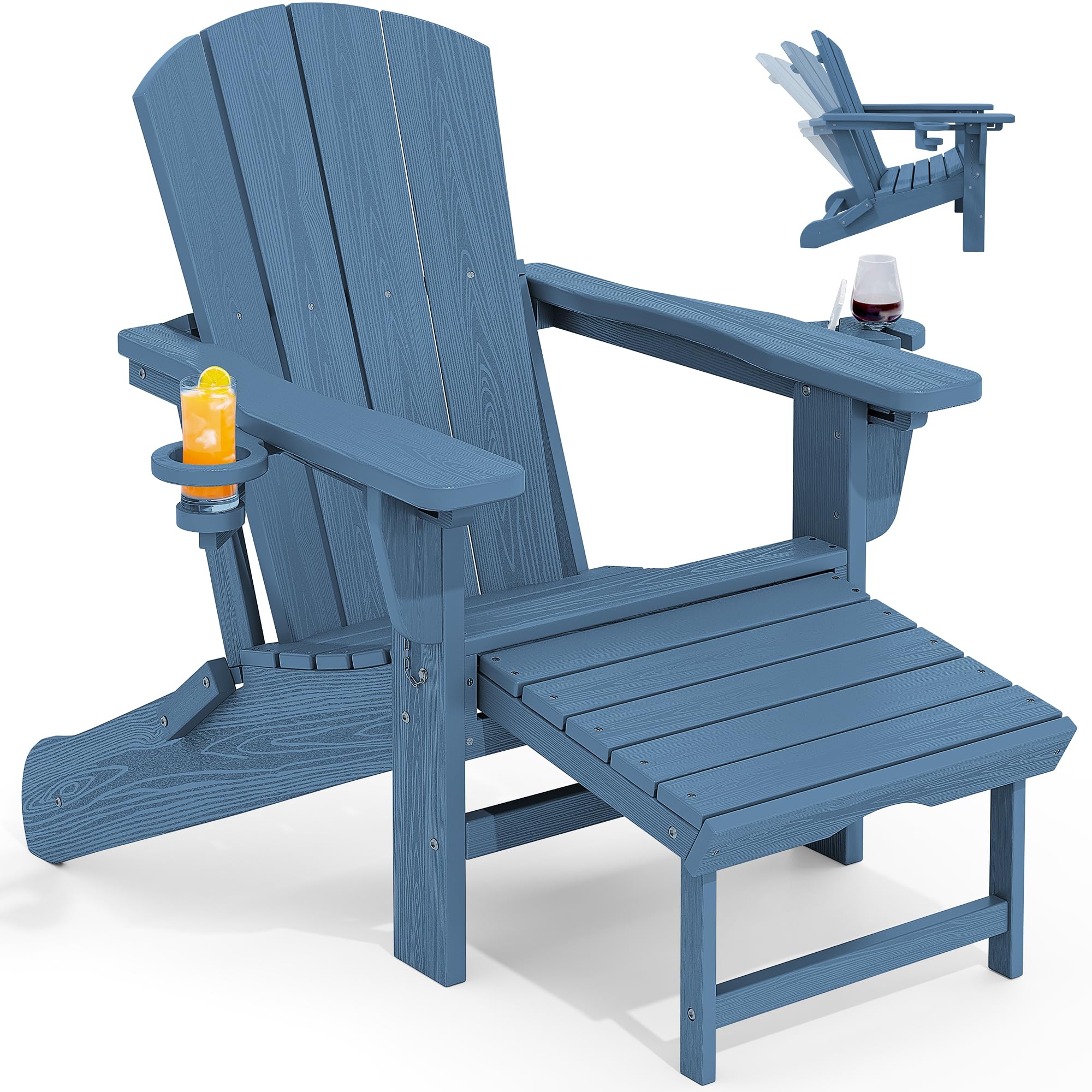 Photo 1 of ** MISSING HARDWARE AND INSTRUCTIONS **** KINGYES Folding Adjustable Adirondack Chair with Retractable Ottoman, HDPE Recliner Adirondack Chair with Cup Holder, Blue