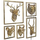 Newinhome Animal Heads Wall Decor (5pcs, Includes Metal Frame) Resin Animals Sculptures Head Wall Hanging Decoration Gold vintage Wall Sculpture for Living Room Bedroom Office