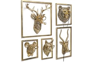 Newinhome Animal Heads Wall Decor (5pcs, Includes Metal Frame) Resin Animals Sculptures Head Wall Hanging Decoration Gold vintage Wall Sculpture for Living Room Bedroom Office