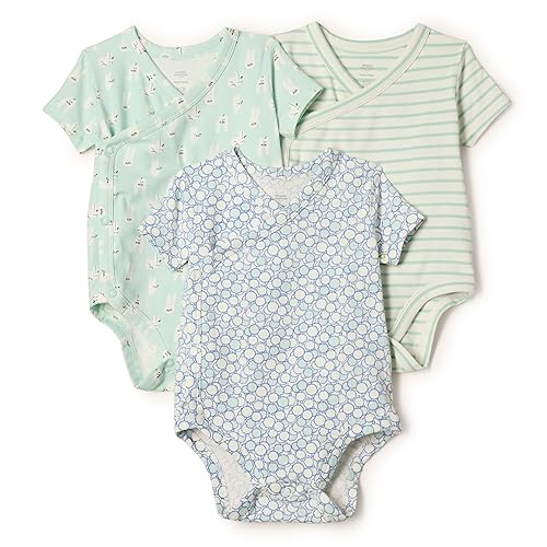 Amazon Essentials x Sofia Grainge Unisex Babies' Side Snap Short Sleeve Bodysuit, Pack of 3, Rabbits/Round Trees/Stripe, 0-3 Months