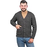 SAOL 100% Merino Wool Men's Aran Cable Knit V Neck Casual Irish Cardigan with Buttons and Pockets