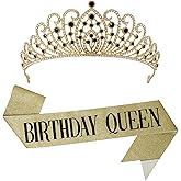 KatchOn Gold Birthday Queen Sash and Crown - Black Rhinestone Tiaras for Women