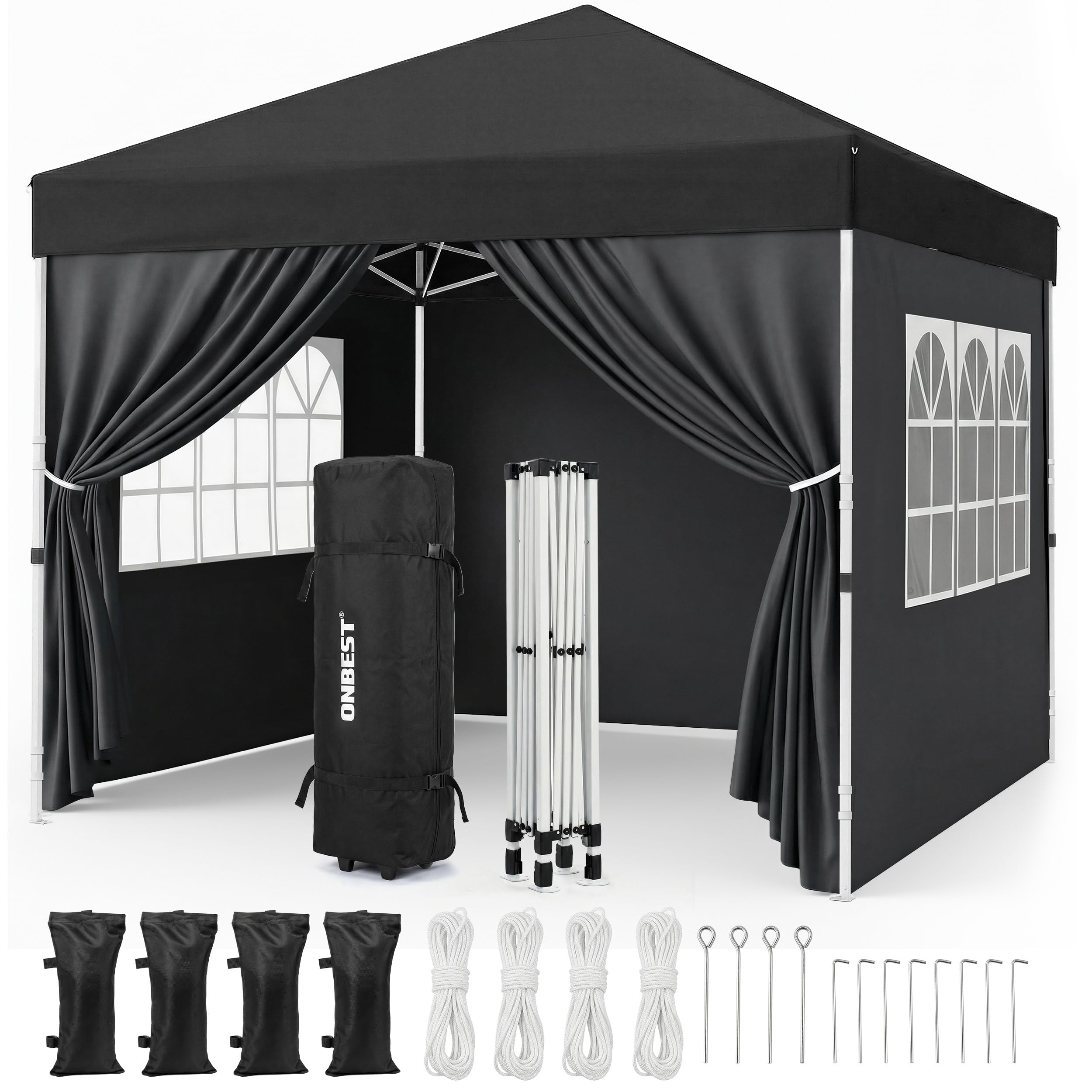 ONBEST Faltpavillon 3x3m Pop Up Pavillon mit Sandsäcken – Patentierte expressaufbau Funktion - wasserabweisend & stabil - Metall Partyzelt mit Seitenwänden für Garten, Terrasse & Outdoor (Schwarz)