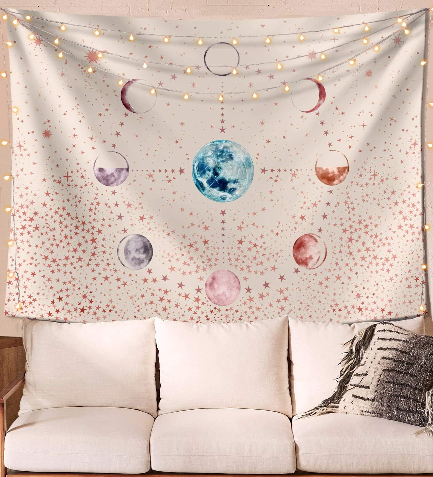 Neasow Moon Phase Tapestry Wall Hanging, Beige White Earth and Stars and Planet Universe Tapestry 60×80 inches
