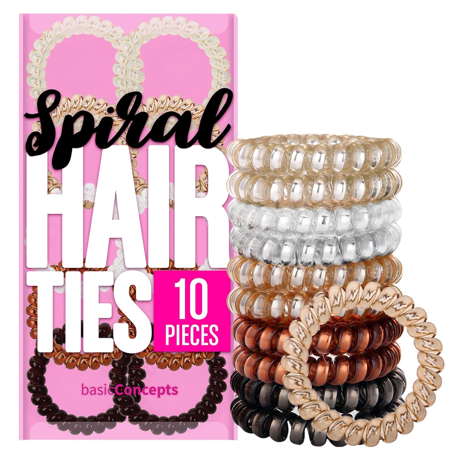 Spiral Hair Ties (10 Pieces), Coil Hair Ties for Thick Hair, Ponytail Holder Hair Ties for Women (Assorted Colors), No Crease Hair Ties, Phone Cord Hair Ties for all Hair Types with Plastic Spiral