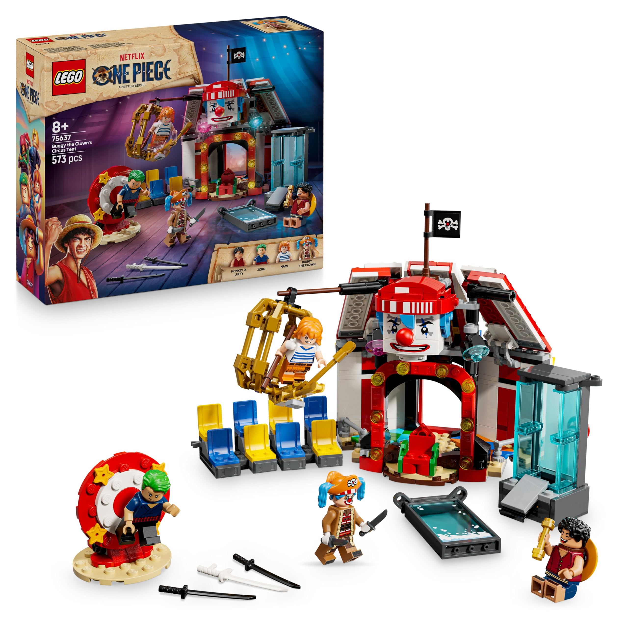 LEGO ONE PIECE La Tenda del Circo di Bagy il Clown - Giocattolo Interattivo con 4 Minifigure tra cui Luffy, Nami e Zoro, e 2 Poster Ricercato - Regalo per Bambini, Bambine e Fan da 8 Anni - 75637