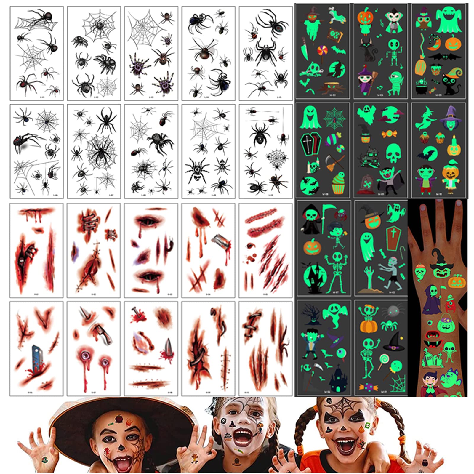JK Home 30 Sheets Temporary Tattoos Halloween Makeup Kit For Adults Children Face Decals Waterproof Horror Scar Blood Props, Realistic Spider, Cartoon Glow in The Dark Pumpkin Stickers