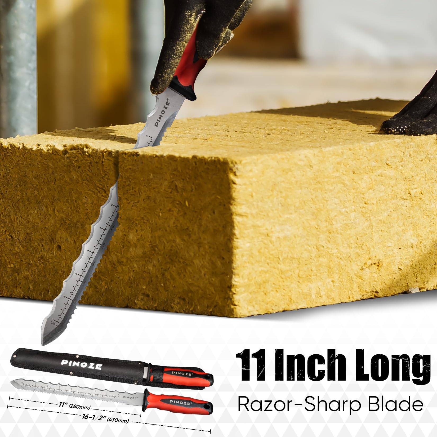 PINOZE 28cm Dämmstoffmesser, Edelstahl Klinge Isoliermesser w/Laserskala, Doppelseitige gezähnte Messer Werkzeug zum Schneiden von Wärmematerial Schaum/Steinwolle/Styrofoam, Garten Sod Cutter 2