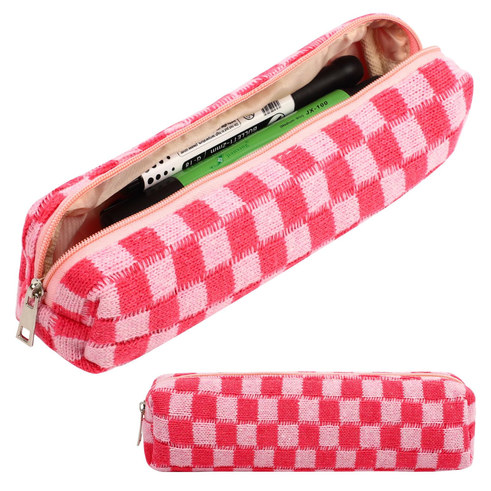 Small Pencil Pouch Plaid Makeup Bag, Knitted Cosmetic Bag Checkered Makeup Bag, Coin Pouch Office Stationery Organizer for Teen School (Pink)
