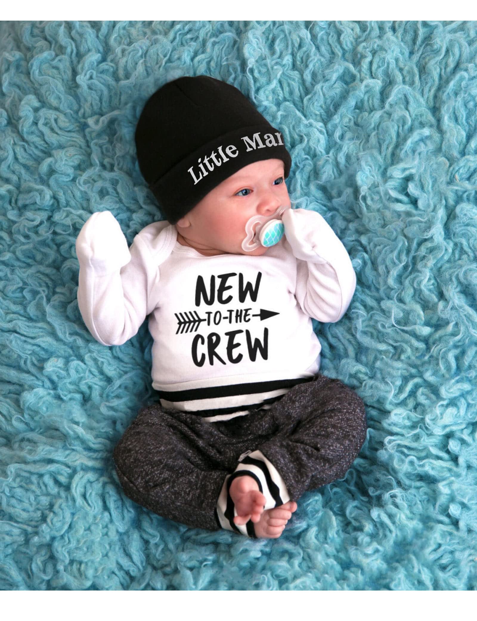 Fommy Newborn Baby Boy Clothes New to The Crew Letter Print Romper+ Pants+Hat 3PCS Outfit