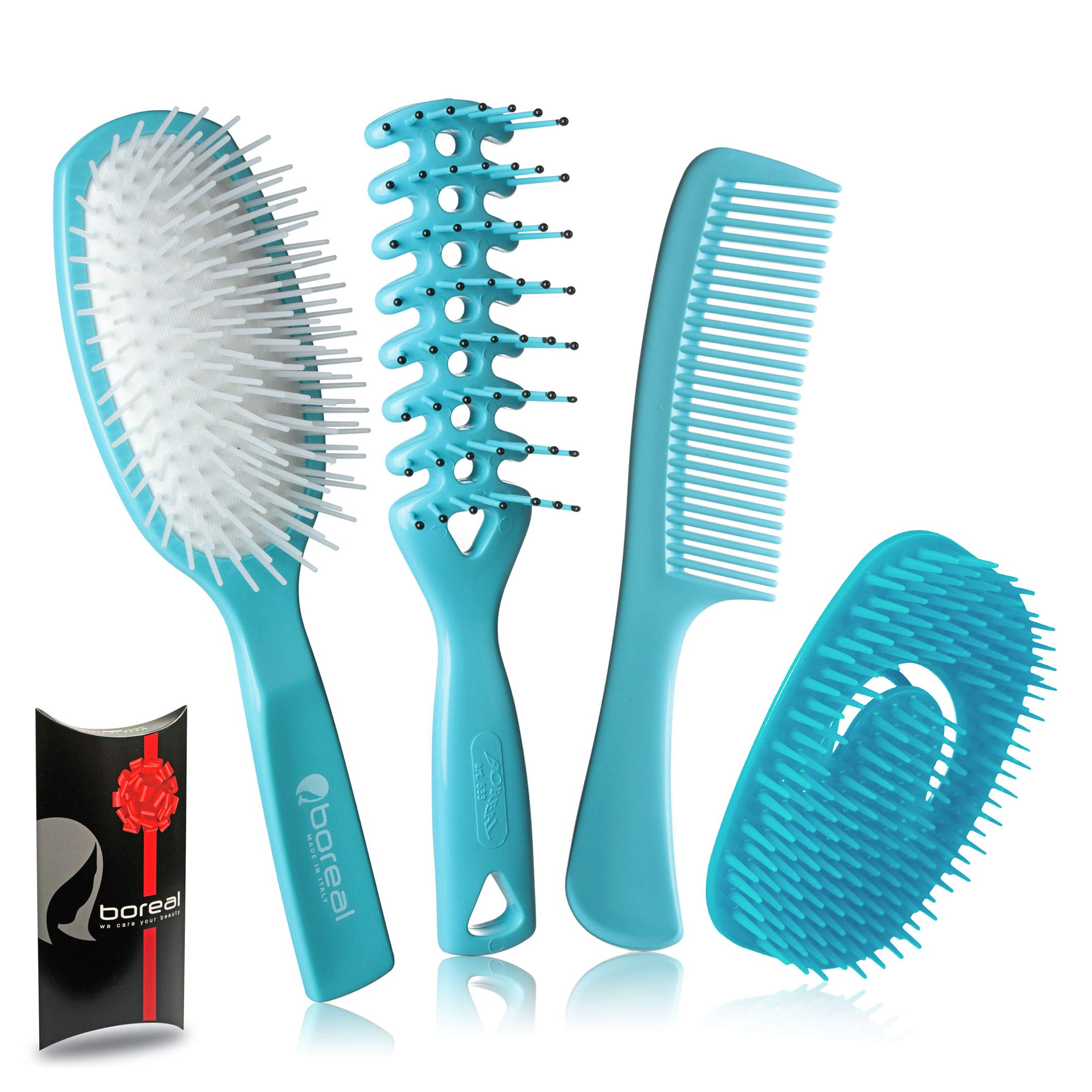 Set detangling hairbrushes, Plastic Blue Color. Wet, Dry, Smooth Curly Hair. Made in Italy. Spread Cream and Balm During the Shower.