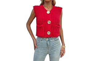 TECADI Womens Sleeveless Chunky Crop Knit Cardigan Button Down Cropped Knitted Sweater Vest Casual Open Front Tops With Pockets