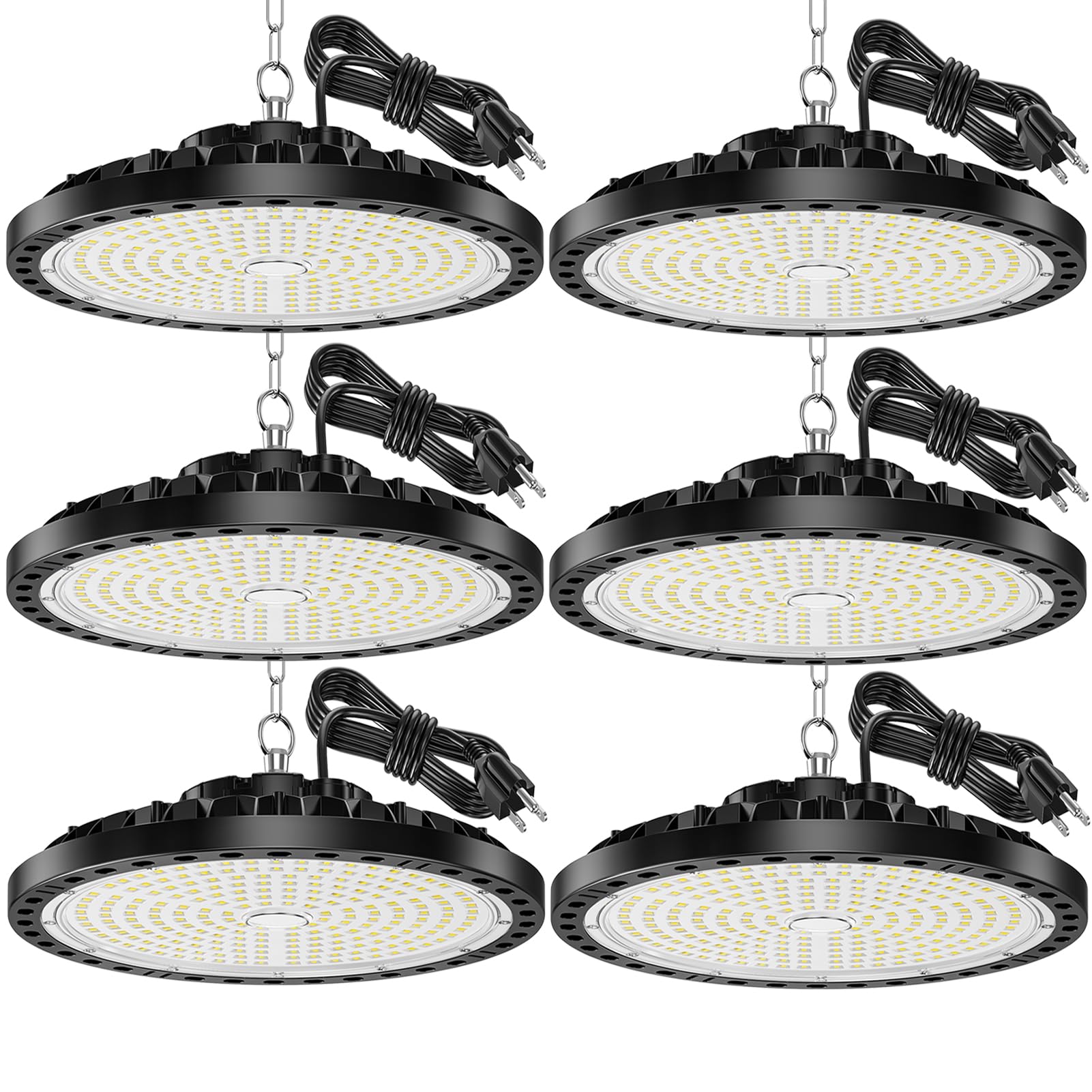 Photo 1 of CHENGCHILIT UFO LED High Bay Light - 6 Pack 200W 28000LM High Bay LED Light with US Plug 6.56FT Cable and Transformer, 7000k Daylight Shop Lights for Garage, Factory, Workshop, Barn