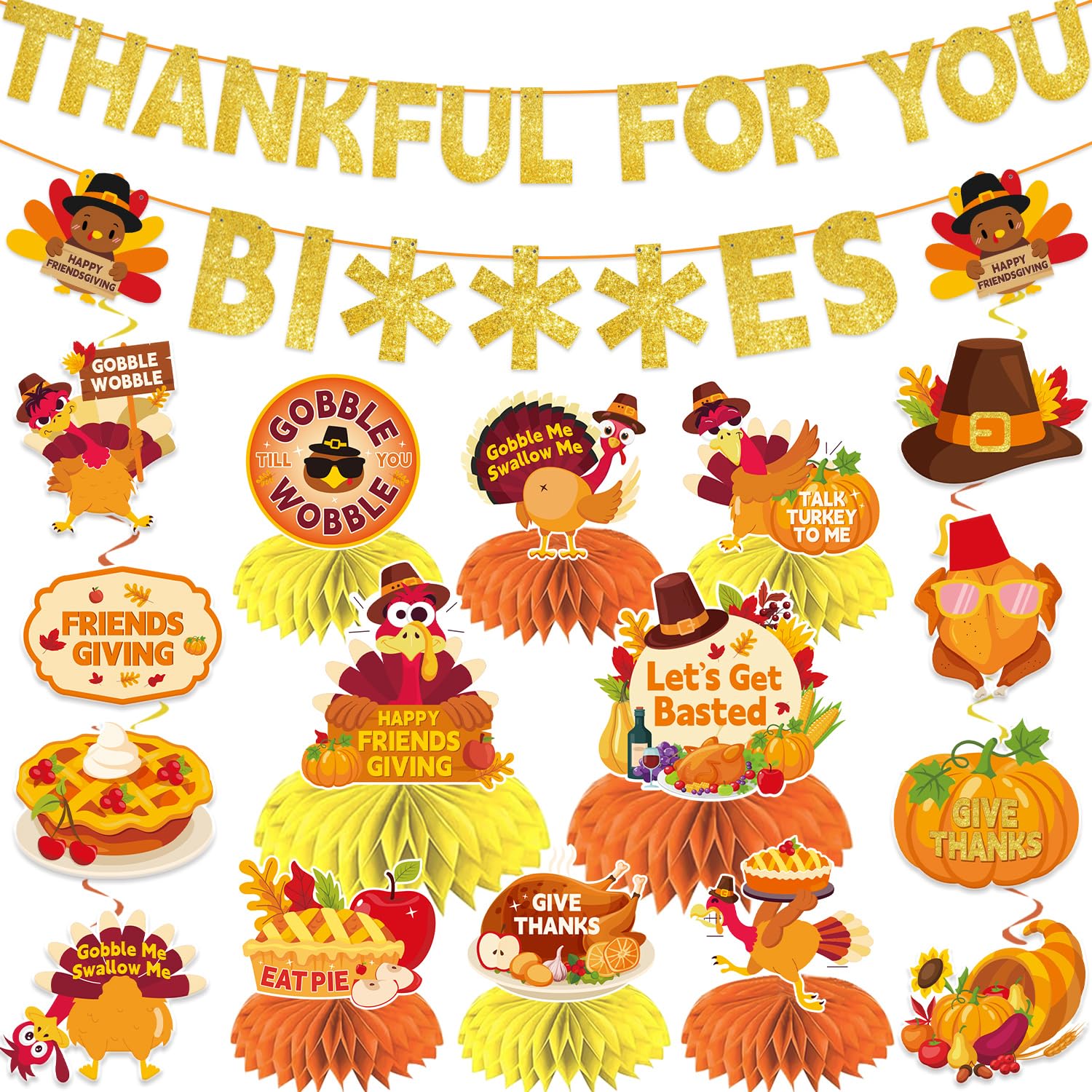 Photo 1 of 17pcs Friendsgiving Party Decorations Thankful You Banner Set Include Thankful You Banner, Hanging Swirls, Honeycomb Centerpieces for Friendsgiving Party Decorations