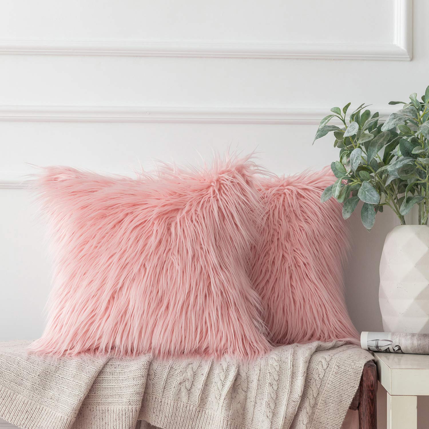 Photo 1 of Ashler Decorative Throw Pillow Covers, Luxury Fluffy Faux Fur Pillowcases Soft Cushion Covers, Pack of 2 for Sofa Bedroom and car, 18 x 18 inches, Pink
