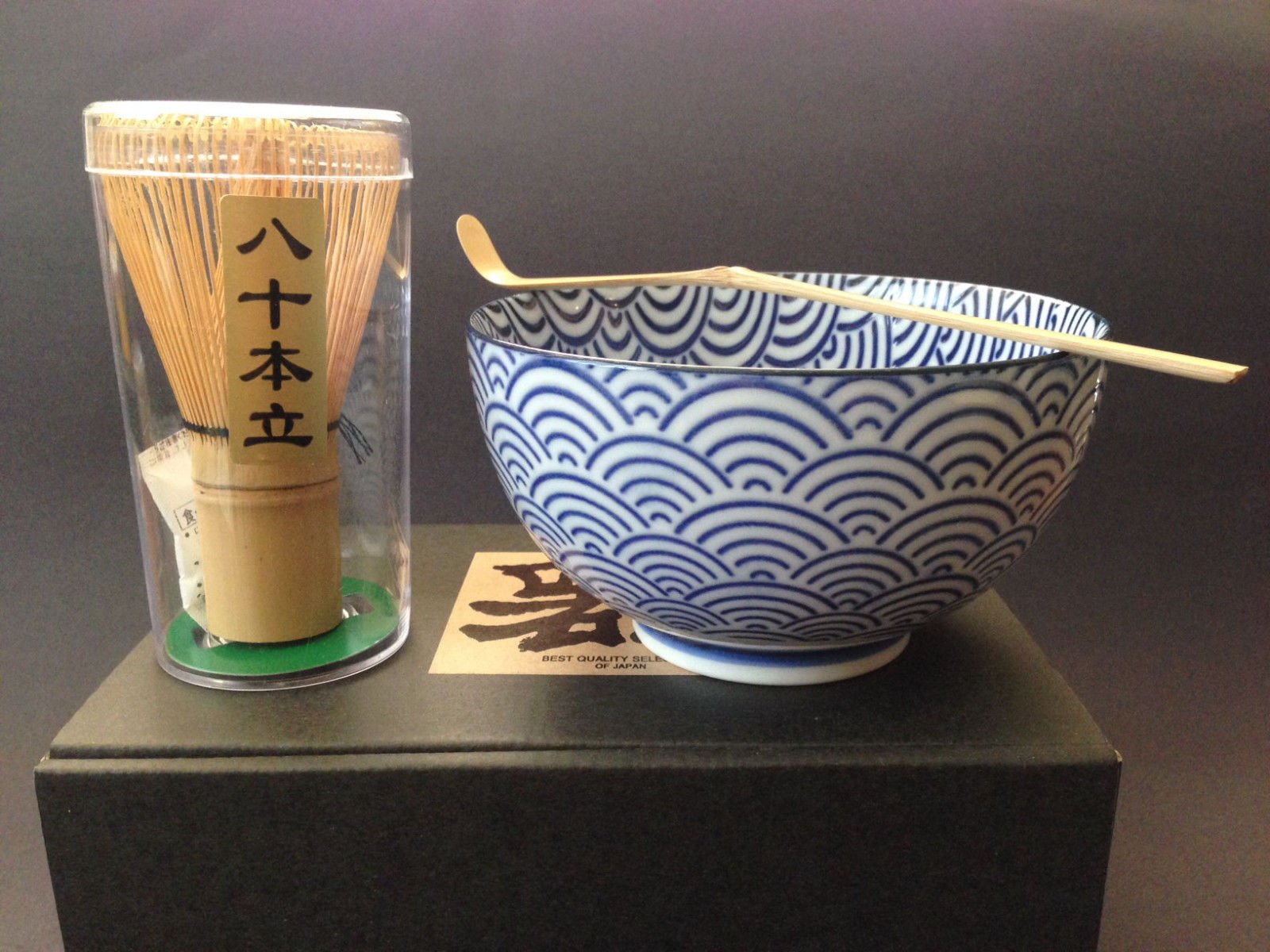 Japanese Blue Wave Matcha Bowl Cup Whisk Tea Ceremony Gift Set WMC Tea