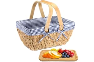 Tiangrid Wicker Picnic Basket with Bamboo Plates Picnic Supplies Set Basket with Liner and Handle Harvest Storage Basket Sturdy Woven Body with Washable Lining for Camping(Plaid,Blue White)