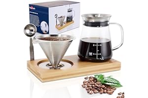 Aquach Pour Over Coffee Maker Set with Extra Large Coffee Dripper, 28 oz Glass Carafe, Stainlesss Steel Coffee Scoop and Bamboo Storage Tray, Unique Set for Home or Office