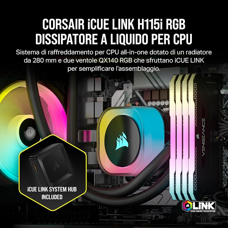iCUE Link H115i RGB Dissipatore a Liquido per CPU - AIO da 280 mm - Ventole RGB QX140 - Compatibile con Intel LGA 1700, AMD AM5 - Hub di Sistema iCUE Link Incluso - Nero