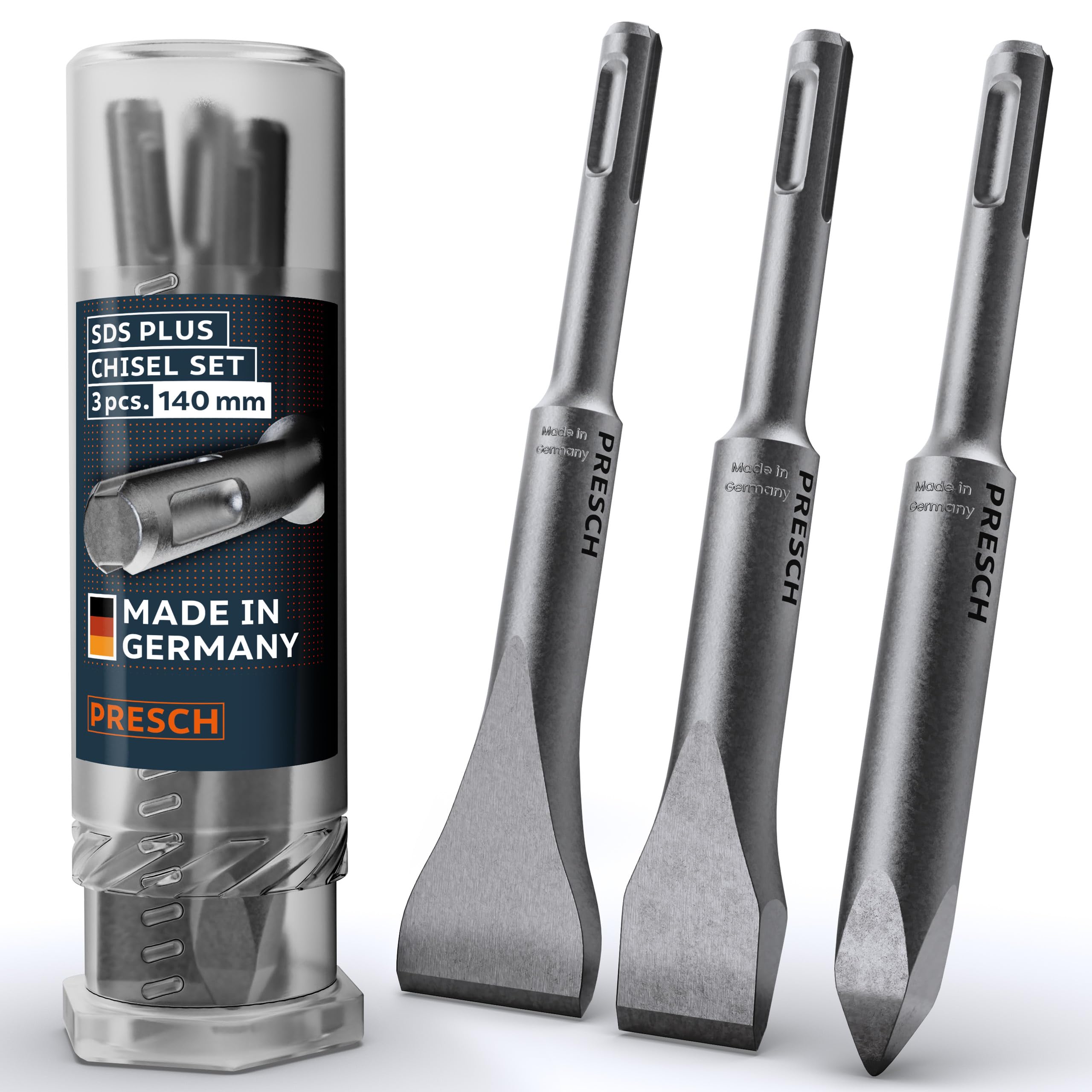 Presch SDS-Plus Chisel Set 3-piece - Complete Set of Flat Chisel, Wide Chisel & Point Chisel - Extremely Robust, Durable Tips - Rotary Hammer chisels (140mm Length) for Powerful Strikes