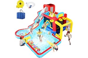 WHUBEFY Bounce House,Inflatable Water Slide Bounce Castle with Blower for Kids 3-12,Outdoor/Indoor Bouncy House Water Park for Backyard with 2 Splash Slides,Climbing Wall,Ball Pit,Jumping Area