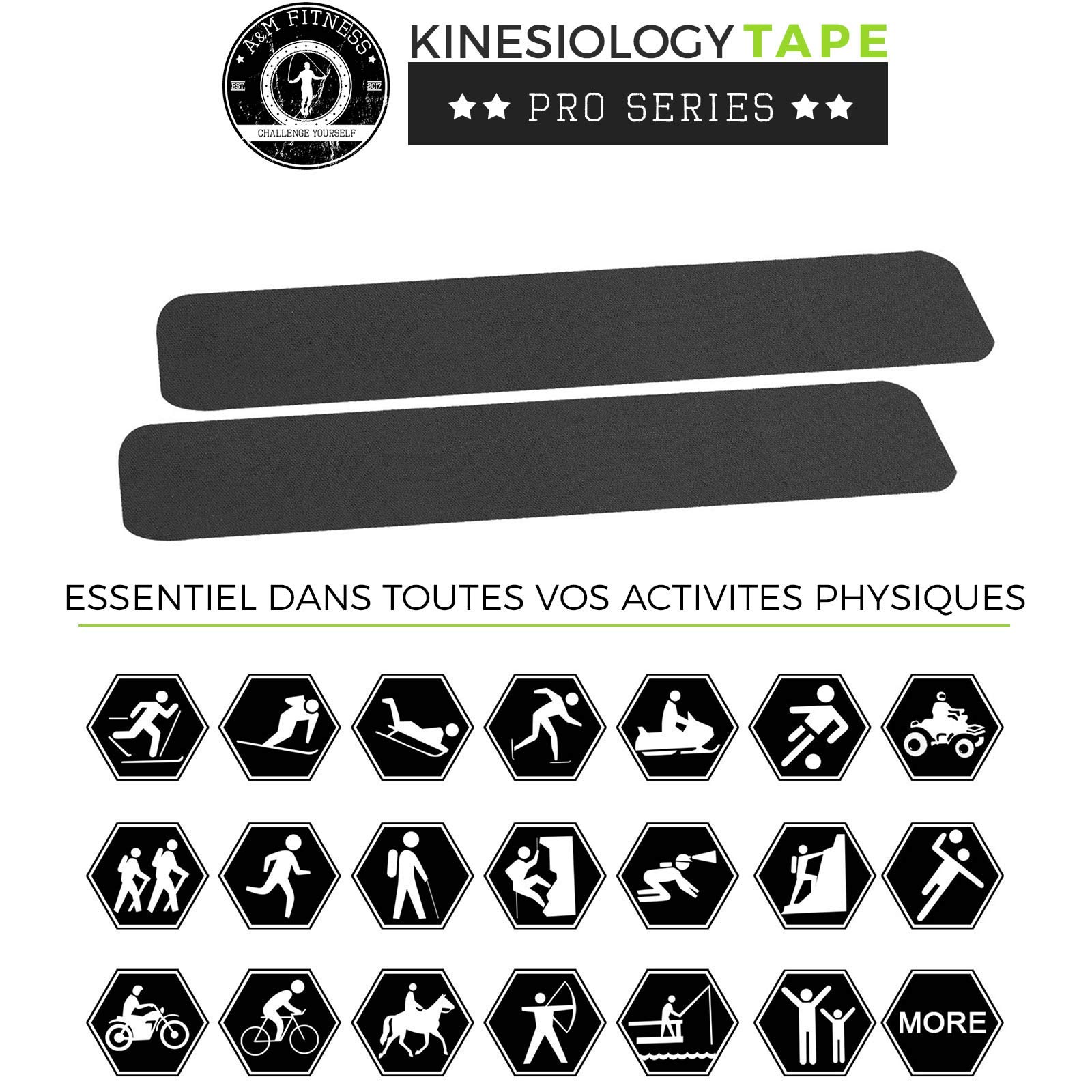 Bande de Kinesiologie Prédécoupée, Kinesio Tape pour Soutien Musculaire et Articulaire, Bande Médicale Strapping Professionnelle 2 Rouleaux de 5cm x 5mètres, Noir