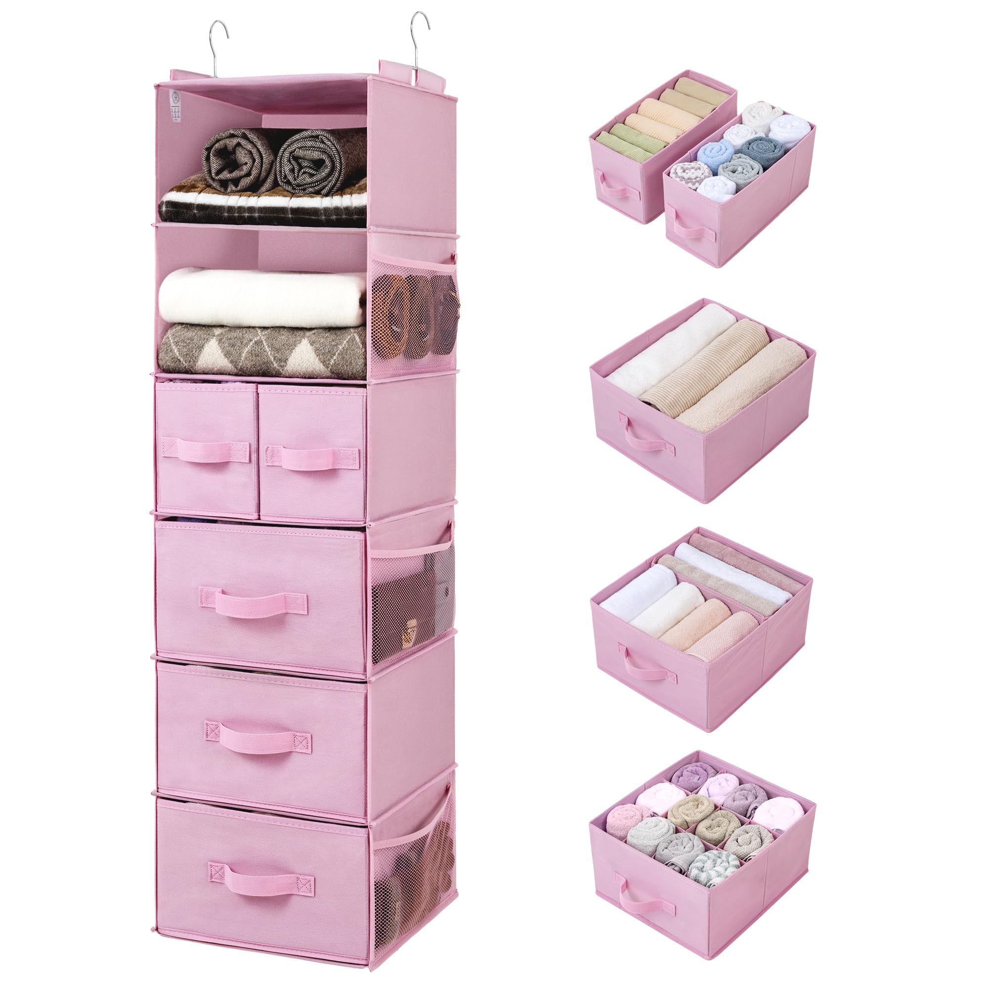 GRANNY SAYS Hanging Closet Organizers and Storage, 6 Shelves Closet Hanging Organizer with 6 Side Pockets, 5 Drawer Storage Organizer, Portable Hanging Shelves for Baby Closet, Pink Shelf