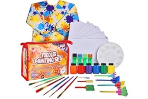 J MARK 38-Piece Toddler Paint Set, Includes Washable Tempera Paint, Art Smock, Painting Paper, Brushes, Tools