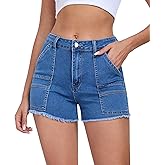 Aotasely 2025 Women's Stretchy Cargo Denim Shorts Mid Rise Jean Shorts Raw Hem Jorts with Pockets Short Jeans 3.5" Inseam