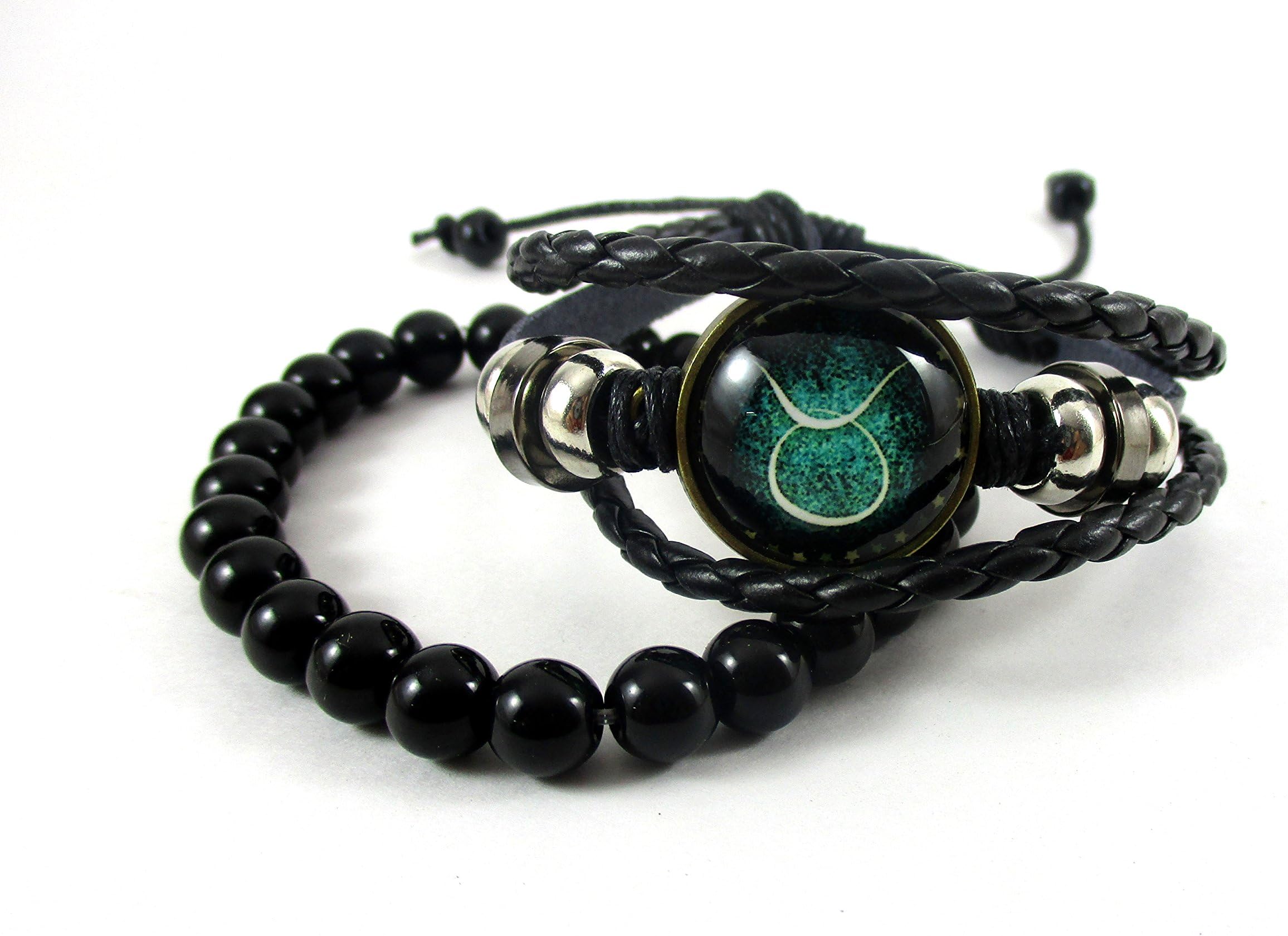 Streetsoul Zodiac Star Sun Sign WristBand & Bead Handmade Black Leather Gift For Men Boys. (Taurus. 19 Apr – 20 May)