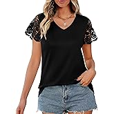 Desol Womens Summer Lace Tops Trendy 2025 Short Sleeve Tshirts Shirts Business Casual V Neck Blouses Summer Clothes