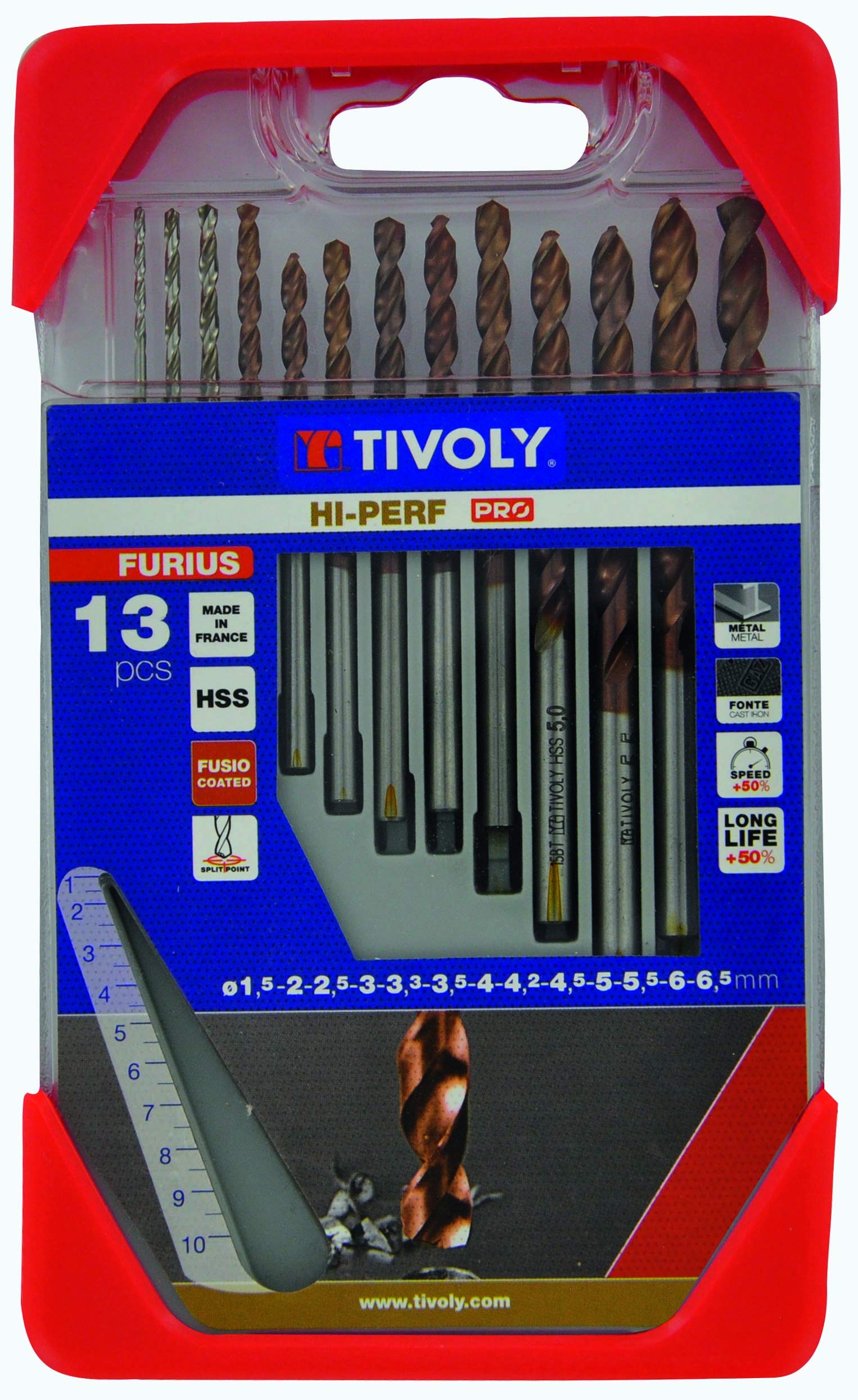 Tivoly 11454170006 Set of 13 Metal Drill Bits DIN 338 Furius HSS Coated Fusio Diameter 1.5 to 6.5 mm