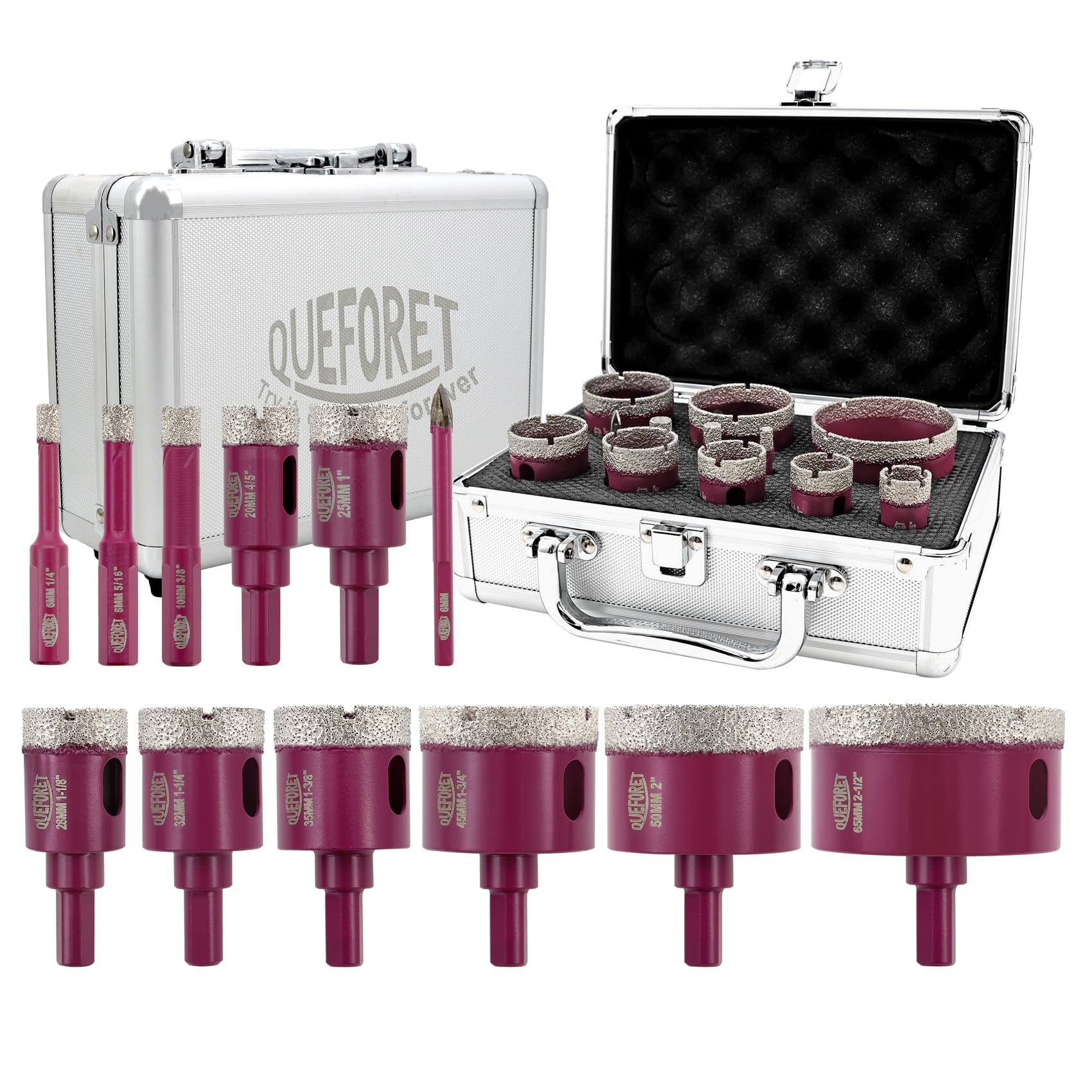 QUEFORET Diamond Drill Bits Set 12pcs - 11pcs 6/8/10/20/25/28/32/35/45/50/65mm Dry Hole Saw, 1pc 6mm Carbide Drill for Ceramic Porcelain Tile Marble Granite, Triangle Shank